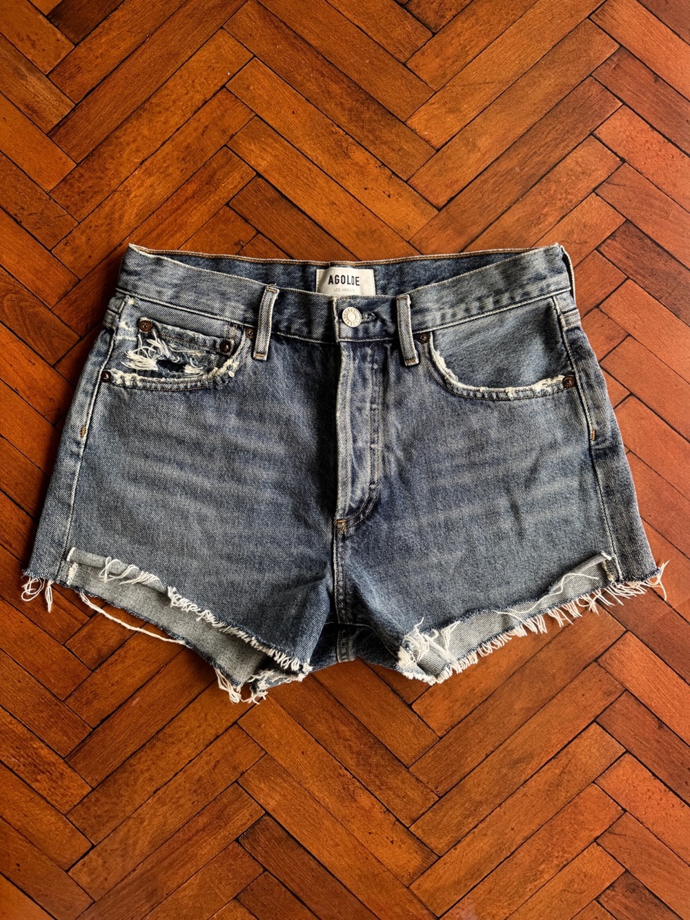 Sz 25 Agolde Parker High Rise Distressed Cut-Off Denim Shorts In Rocksteady EUC